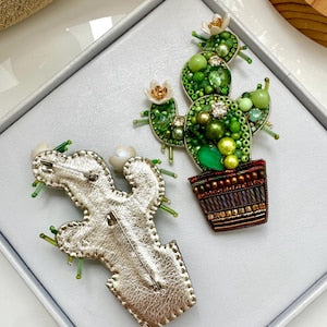 Hand-embroidered brooch Green Cactus Handmade designer pin brooch. Handmade gift Beaded brooch Handmade Christmas Gift (one brooch)