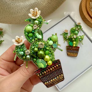Hand-embroidered brooch Green Cactus Handmade designer pin brooch. Handmade gift Beaded brooch Handmade Christmas Gift (one brooch)