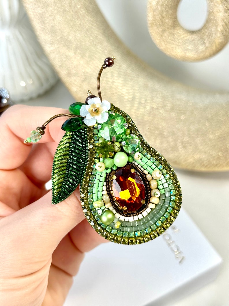 Hand-embroidered brooch ‘’Avocado"
