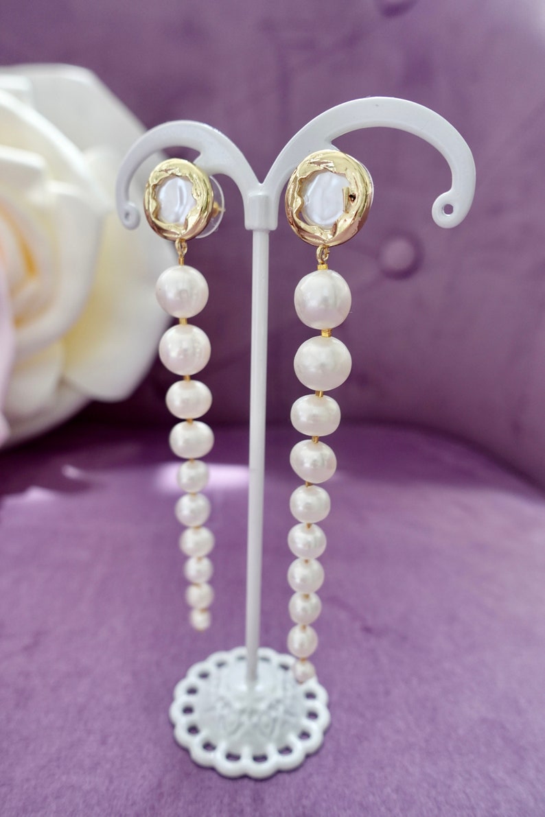 Handmade Natural Pearl Drop Earrings: Embroidered Elegant Jewelry