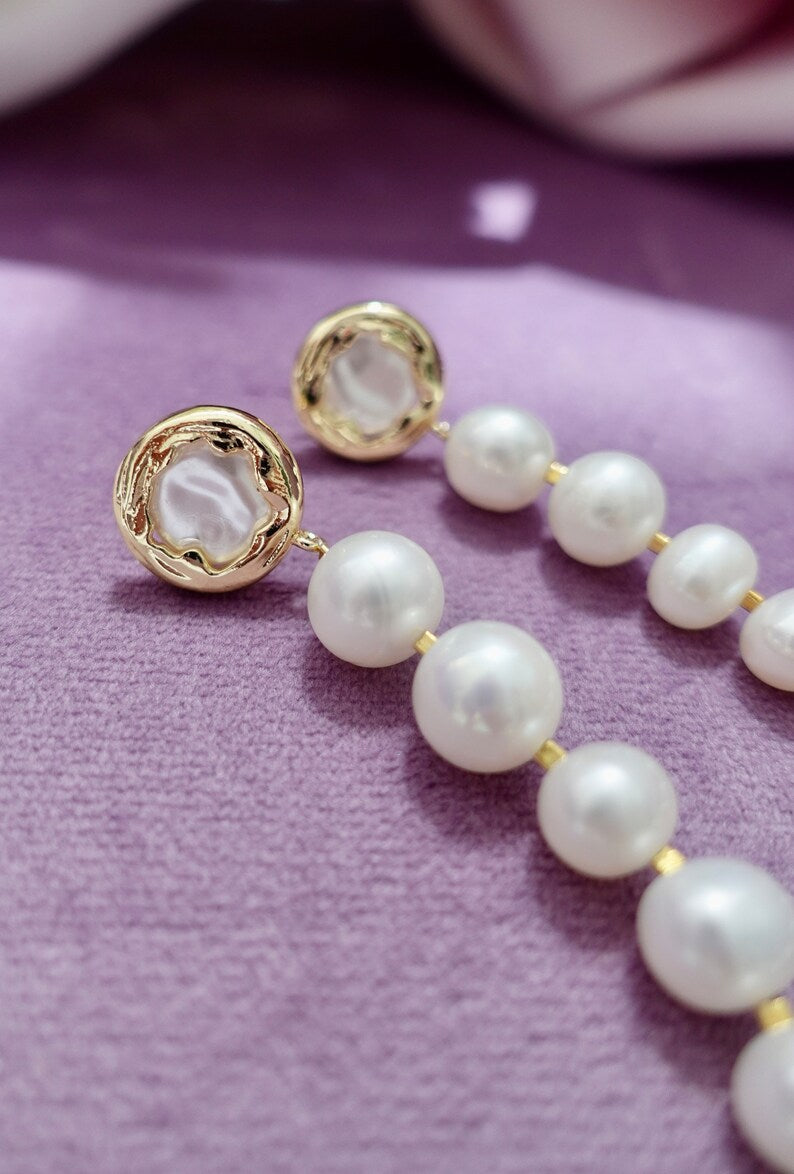 Handmade Natural Pearl Drop Earrings: Embroidered Elegant Jewelry