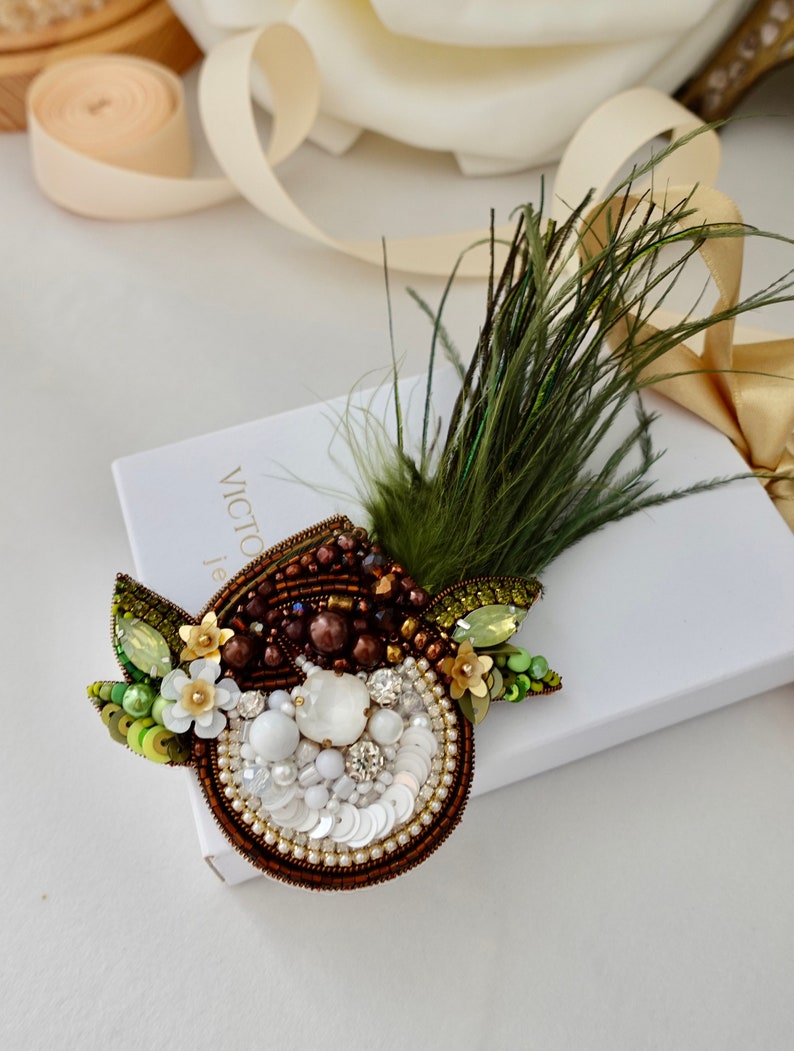 Handmade Beaded Coconut Brooch: Tropical Designer Accessory