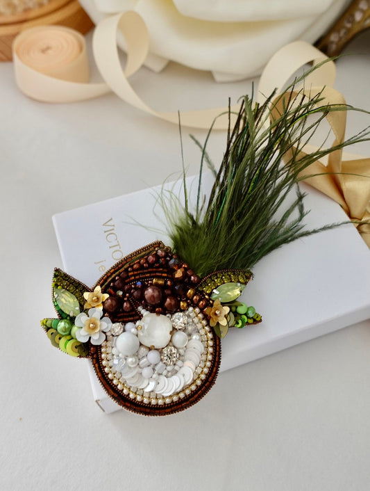 Handmade Beaded Coconut Brooch: Tropical Designer Accessory