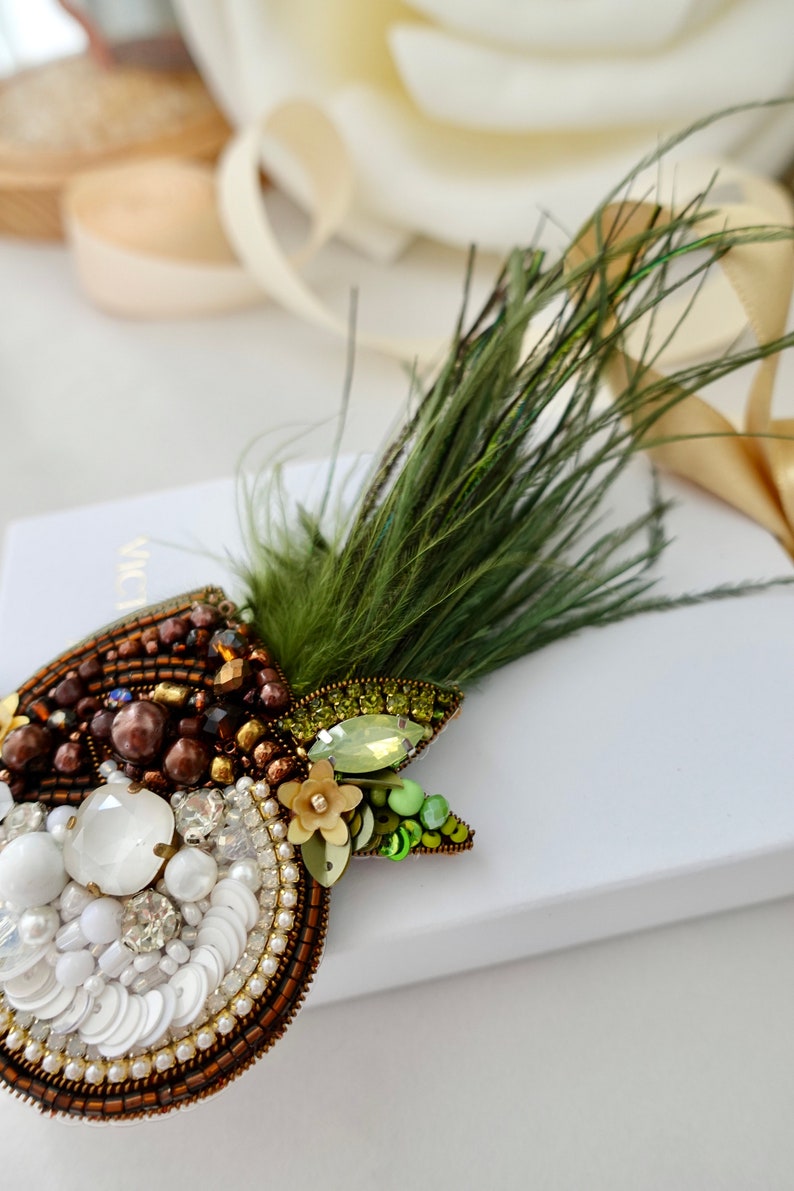 Handmade Beaded Coconut Brooch: Tropical Designer Accessory