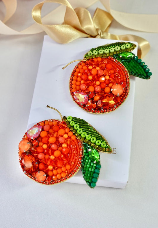 Hand-embroidered brooch ‘’Orange fruit". Designer handcrafted brooch.