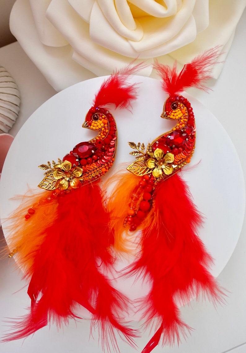 Hand-Embroidered Bird of Paradise Brooch: Fire Red Crystal Pin
