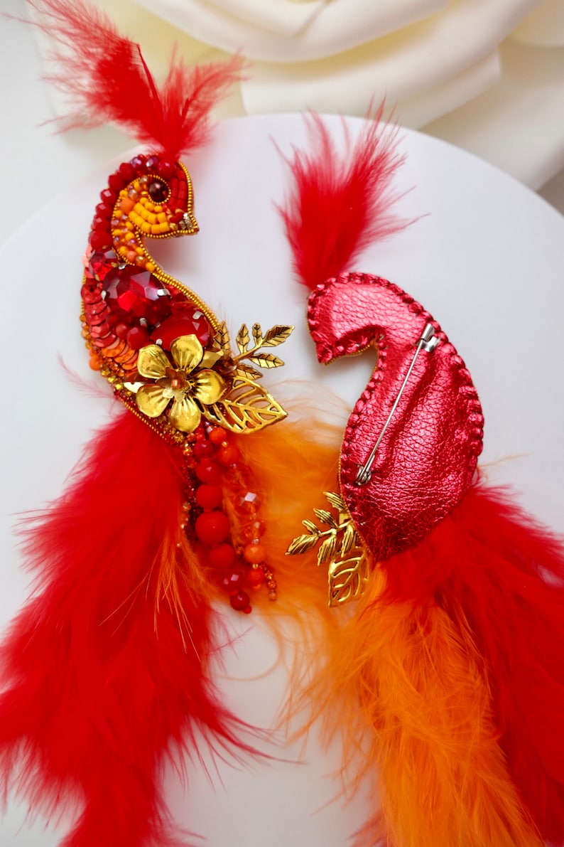 Hand-Embroidered Bird of Paradise Brooch: Fire Red Crystal Pin