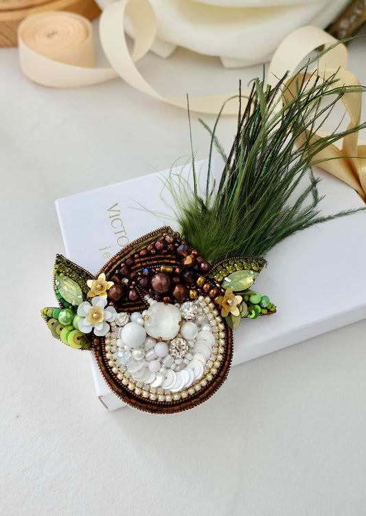 Handmade Beaded Coconut Brooch: Tropical Designer Accessory