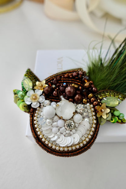 Handmade Beaded Coconut Brooch: Tropical Designer Accessory