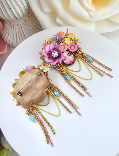 Handmade Embroidered Pin Brooch: Colorful Floral Design