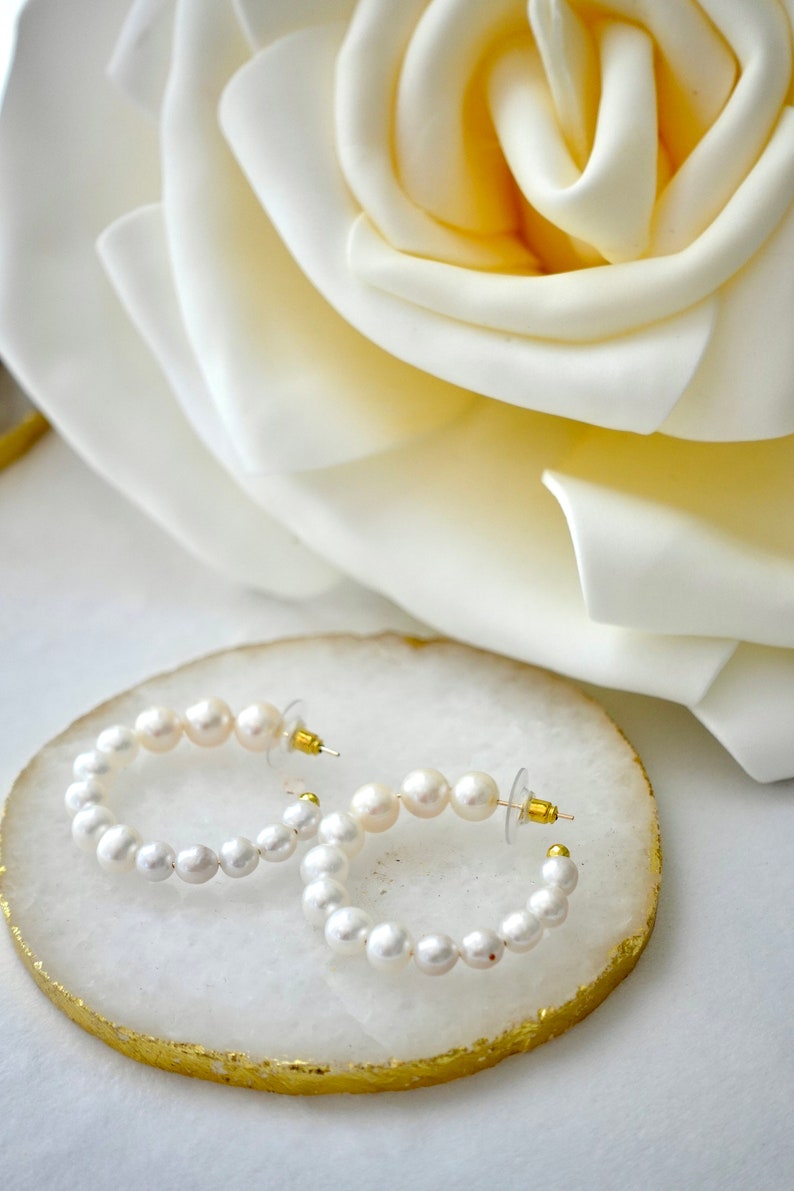 Handmade Pearl Hoop Earrings: 14k Gold Plated Wire, Elegant Design