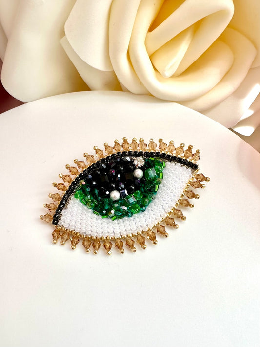 Handmade Beaded Evil Eye Brooch: Green Crystal Design
