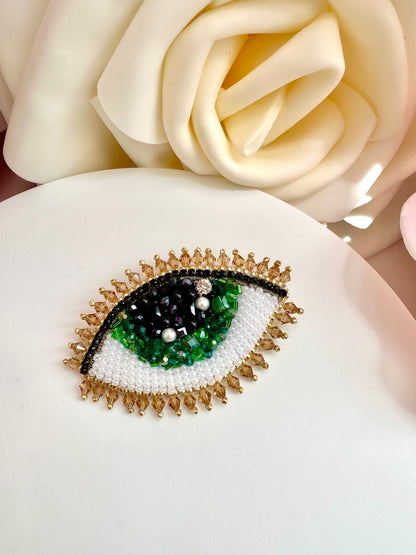 Handmade Beaded Evil Eye Brooch: Green Crystal Design