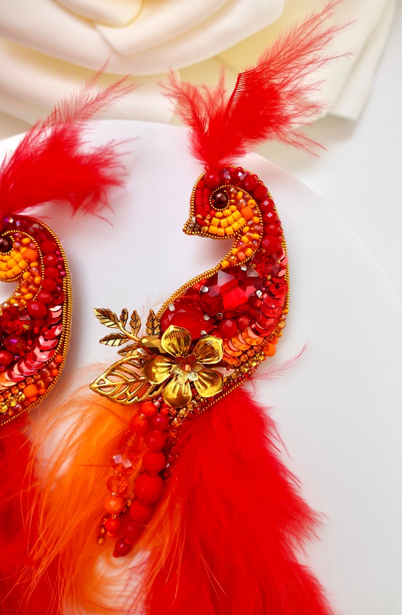 Hand-Embroidered Bird of Paradise Brooch: Fire Red Crystal Pin