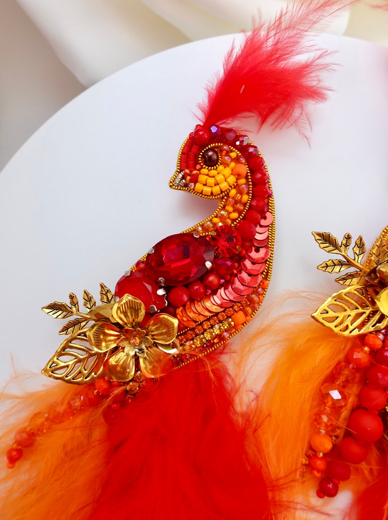 Hand-Embroidered Bird of Paradise Brooch: Fire Red Crystal Pin