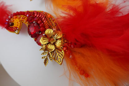 Hand-Embroidered Bird of Paradise Brooch: Fire Red Crystal Pin
