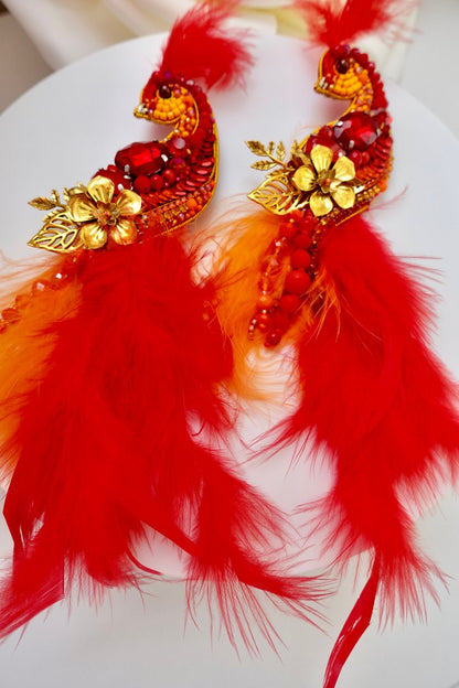 Hand-Embroidered Bird of Paradise Brooch: Fire Red Crystal Pin