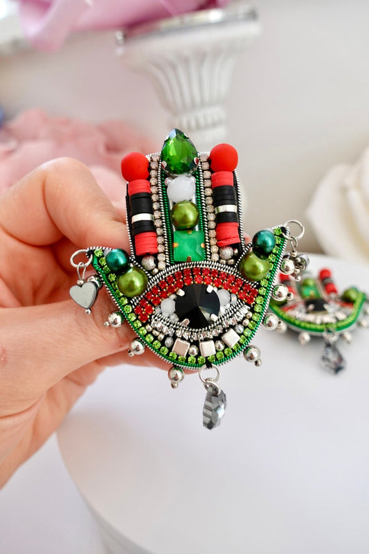 Handmade Hamsa Hand Brooch: Colorful Evil Eye Pin