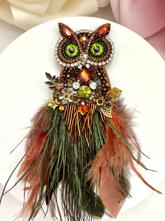 Handmade "Magic Owl" Brooch: Beaded Rhinestone Feather Pin