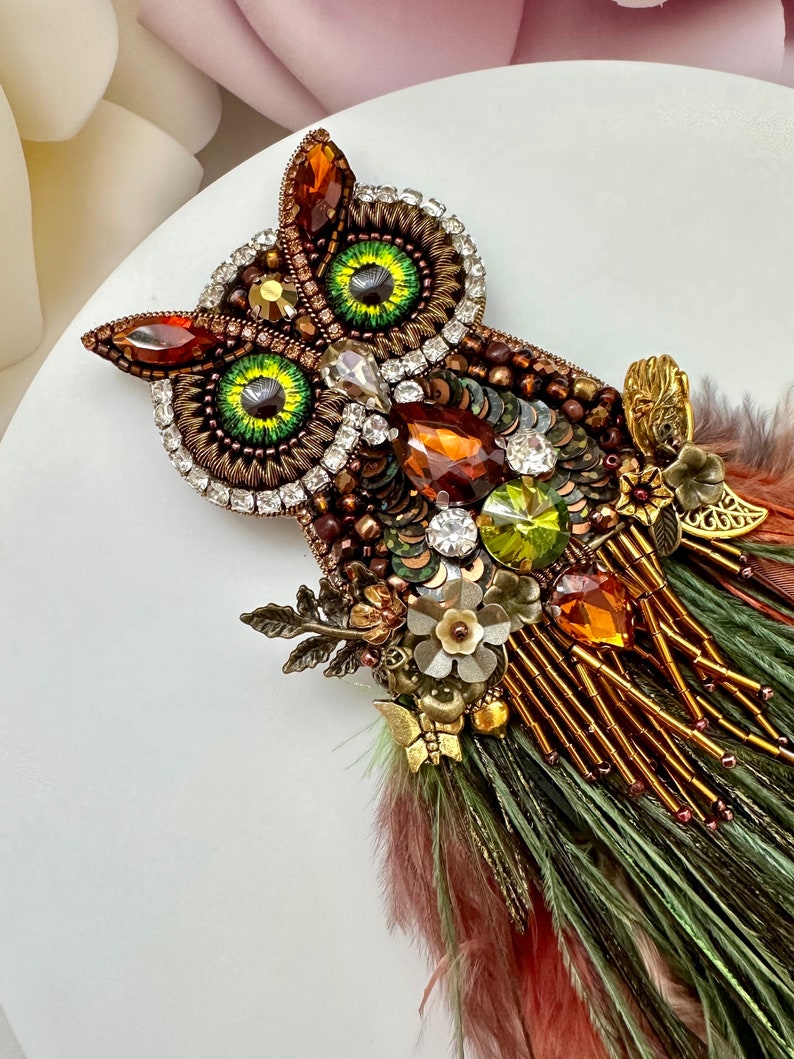Handmade "Magic Owl" Brooch: Beaded Rhinestone Feather Pin