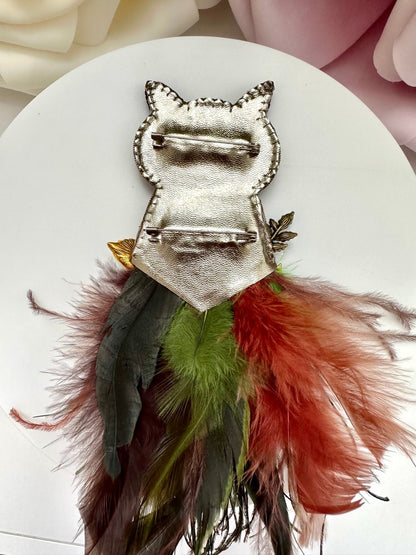 Handmade "Magic Owl" Brooch: Beaded Rhinestone Feather Pin