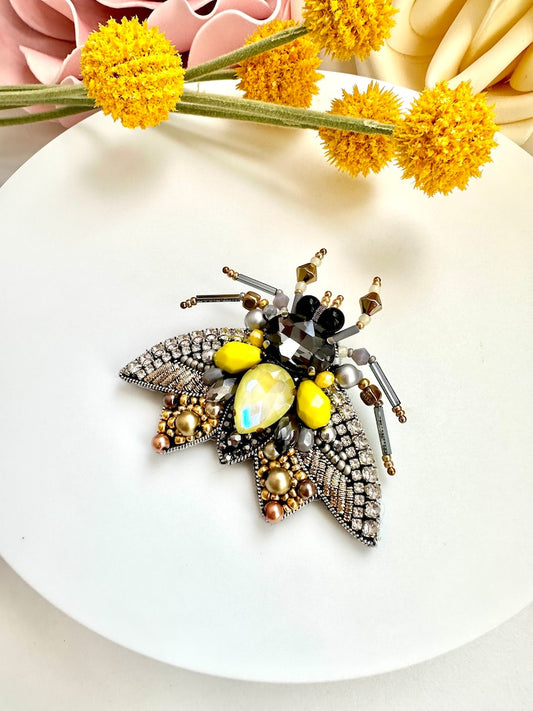 Hand-Embroidered Yellow Moth Brooch: Beaded Rhinestone Pin