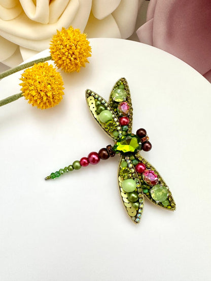 Hand-embroidered brooch ‘’Green Dragonfly"