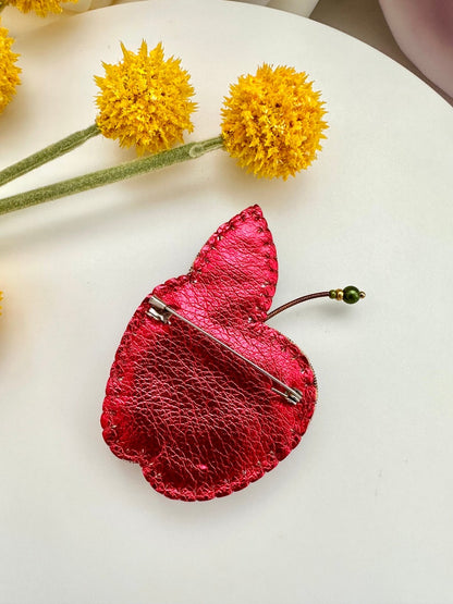 Hand-embroidered brooch ‘’Red Apple". Handmade colorful pin brooch. Designer accessories.