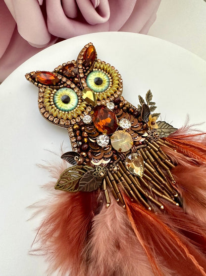 Handmade Beaded Owl Brooch: Feathered Rhinestone Bird Pin