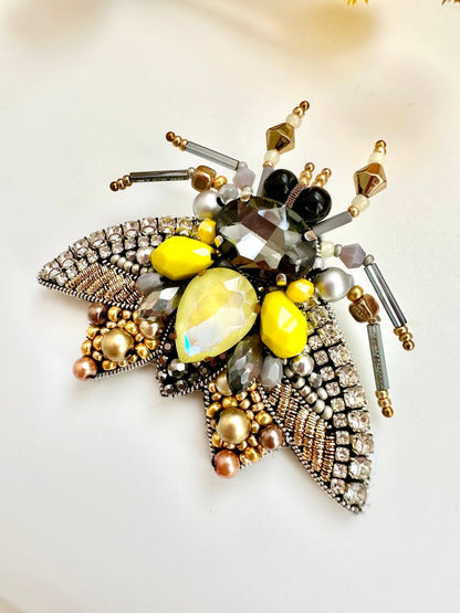 Hand-Embroidered Yellow Moth Brooch: Beaded Rhinestone Pin