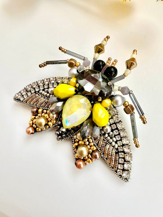 Hand-Embroidered Yellow Moth Brooch: Beaded Rhinestone Pin