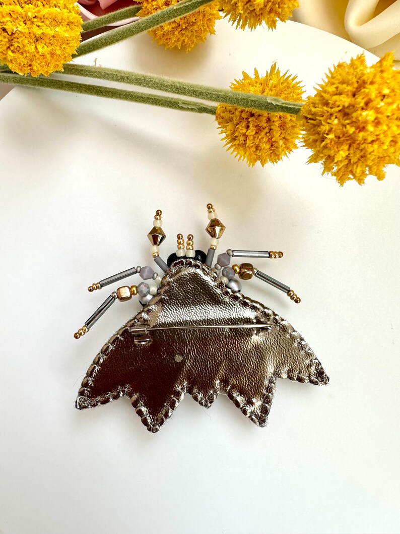 Hand-Embroidered Yellow Moth Brooch: Beaded Rhinestone Pin