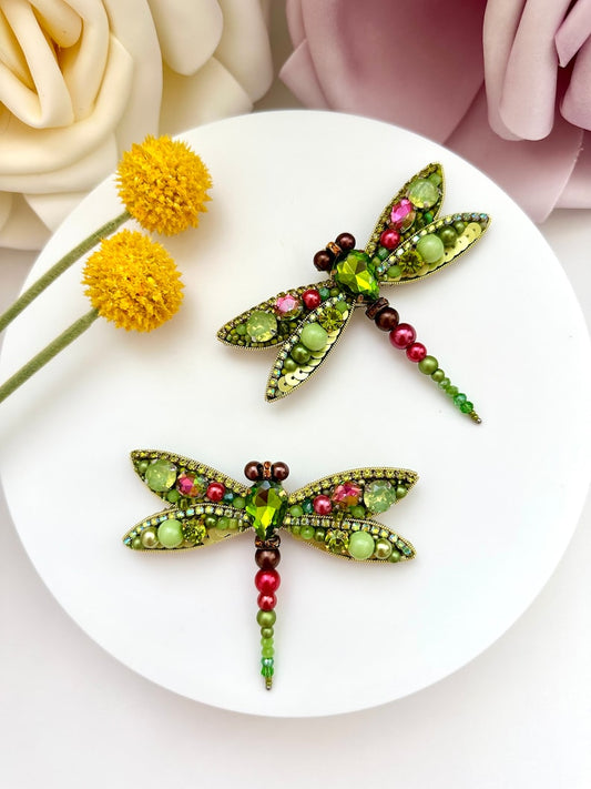 Hand-embroidered brooch ‘’Green Dragonfly"