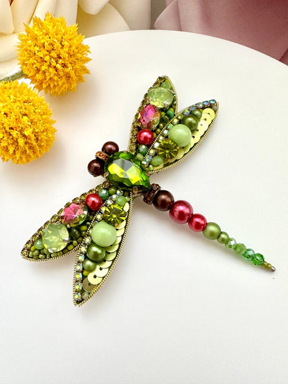 Hand-embroidered brooch ‘’Green Dragonfly"