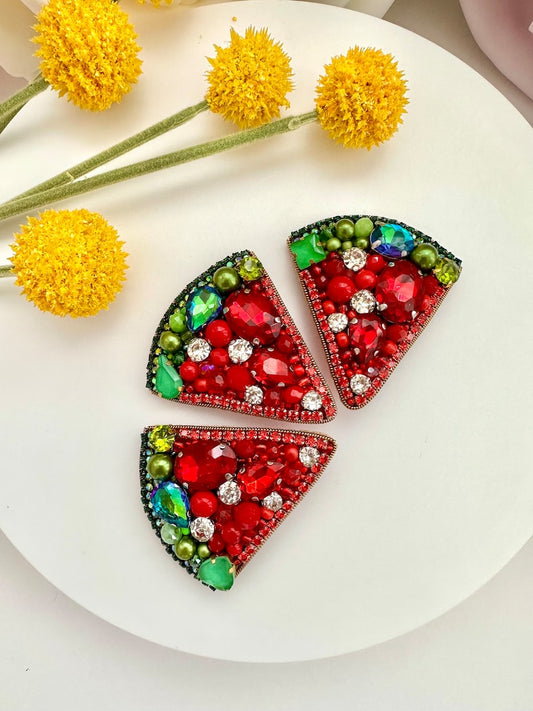 Hand-embroidered brooch ‘’Watermelon". Handmade colorful pin brooch. Designer accessories.