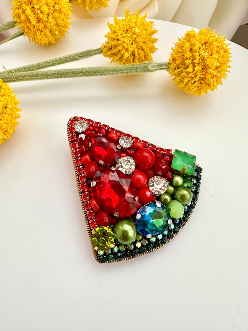 Hand-embroidered brooch ‘’Watermelon". Handmade colorful pin brooch. Designer accessories.