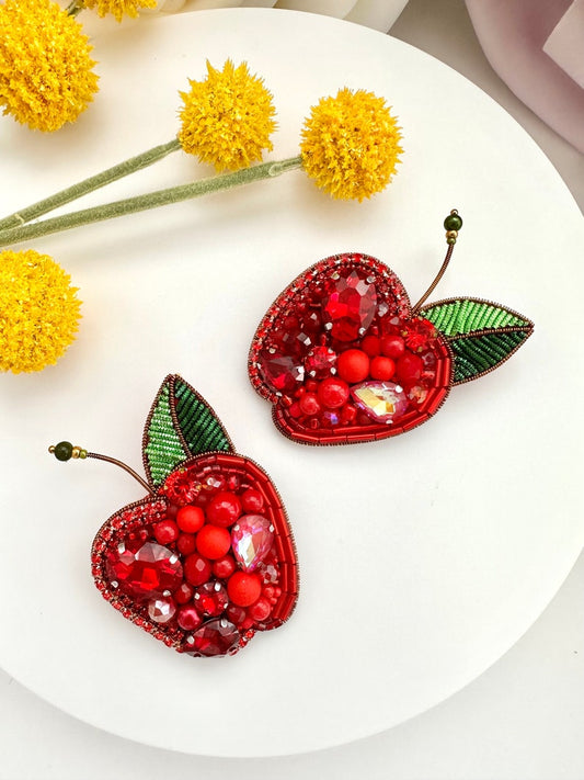 Hand-embroidered brooch ‘’Red Apple". Handmade colorful pin brooch. Designer accessories.