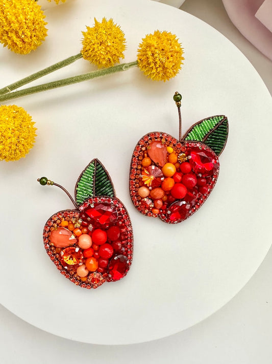 Hand-embroidered brooch ‘’Orange Apple". Handmade colorful pin brooch. Designer accessories.