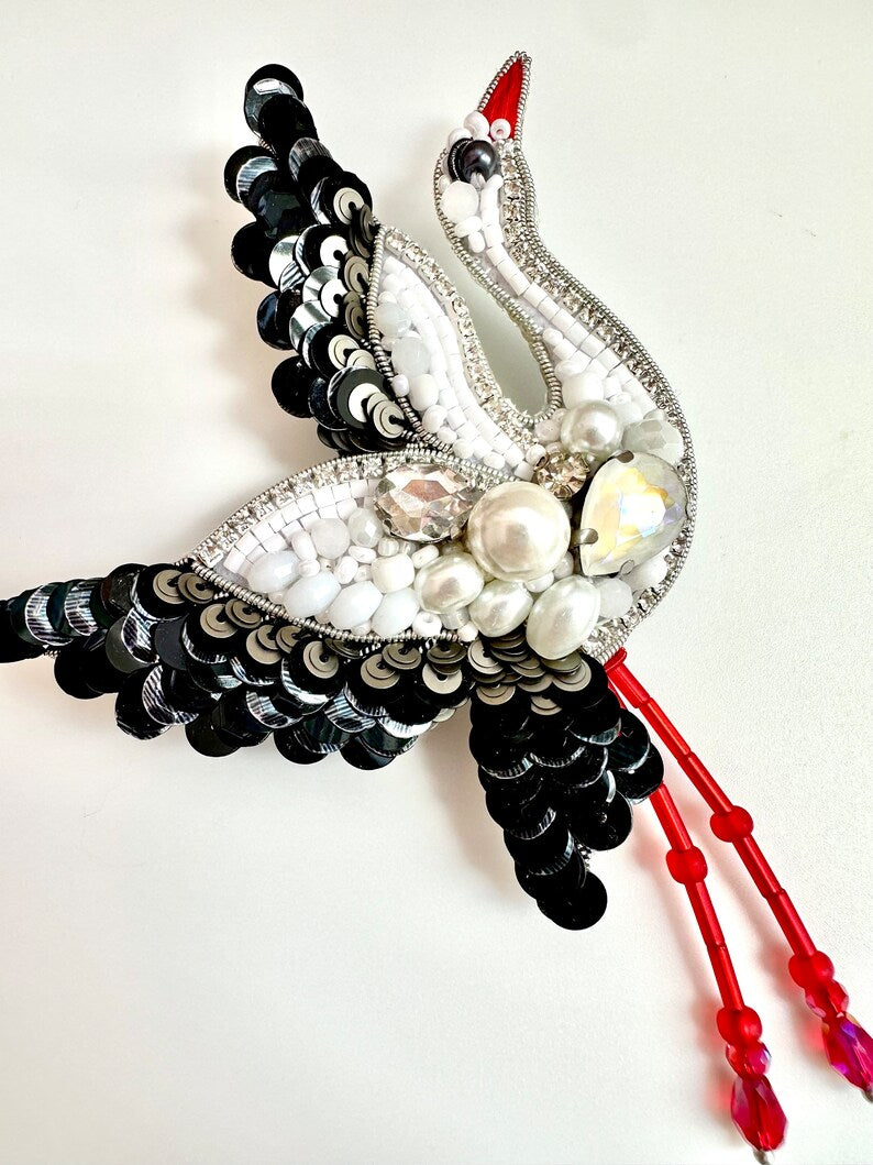 Beaded brooches “Stork” bird. Handmade designer brooch. High quality accessories. Unique bird design brooch. Baby shower best gift.