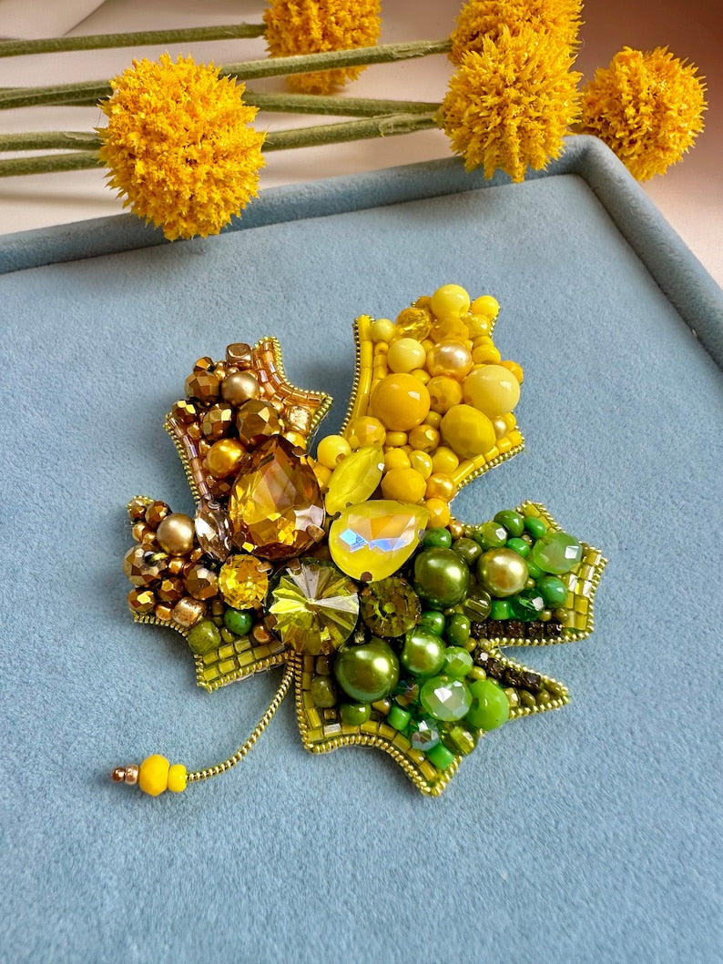 Handmade Beaded Maple Leaf Brooch: Embroidered Crystal Autumn Jewelry