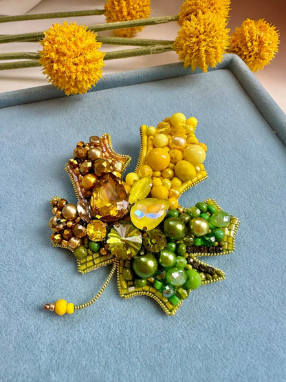 Handmade Beaded Maple Leaf Brooch: Embroidered Crystal Autumn Jewelry