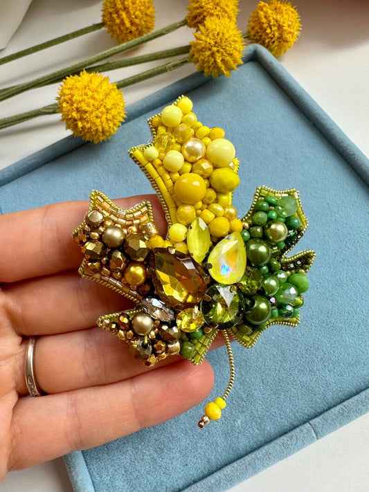Handmade Beaded Maple Leaf Brooch: Embroidered Crystal Autumn Jewelry
