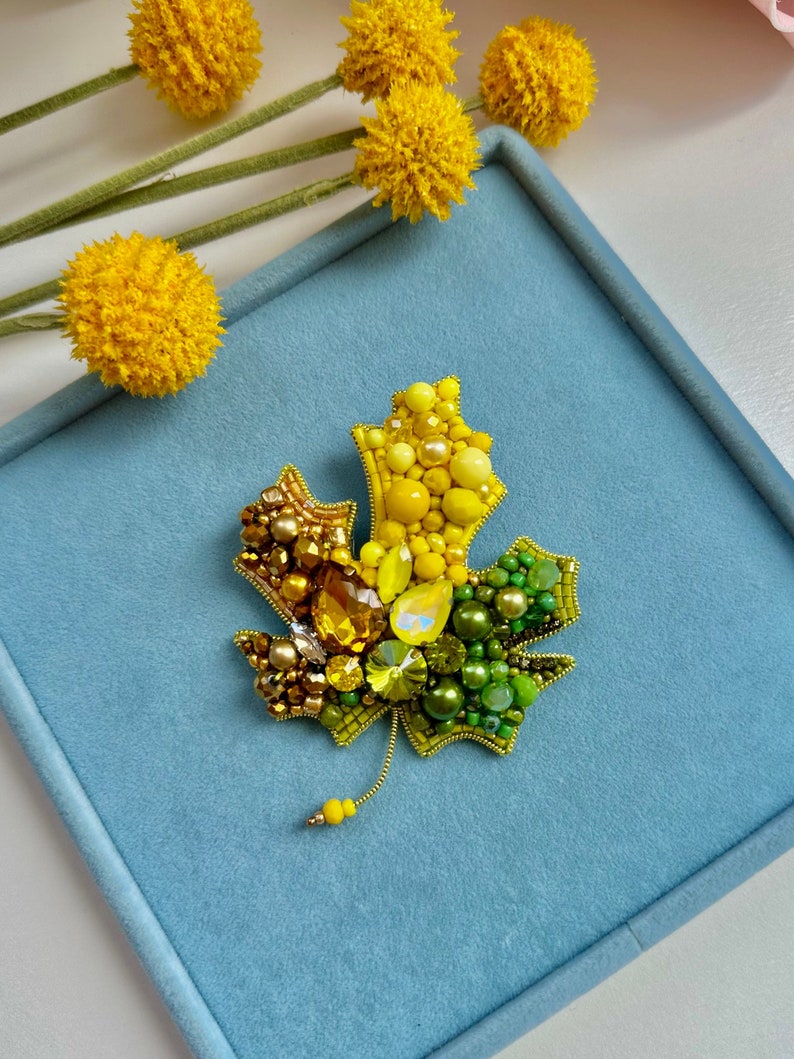 Handmade Beaded Maple Leaf Brooch: Embroidered Crystal Autumn Jewelry