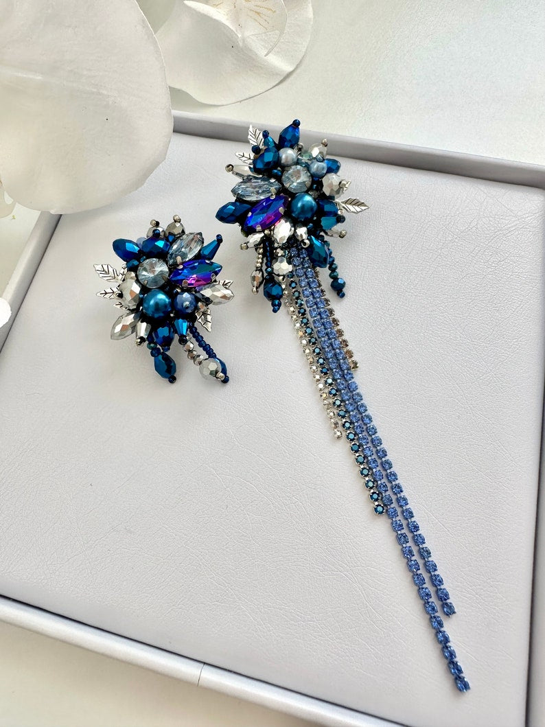Beaded asymmetric earrings “Blue Lagoon”