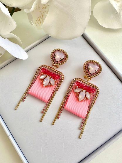 Handmade Pink Crystal Embroidered Earrings: Designer Celebration Jewelry