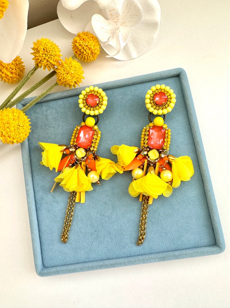 Handmade Tropical Sun Earrings: Designer Crystal Dangle Earrings