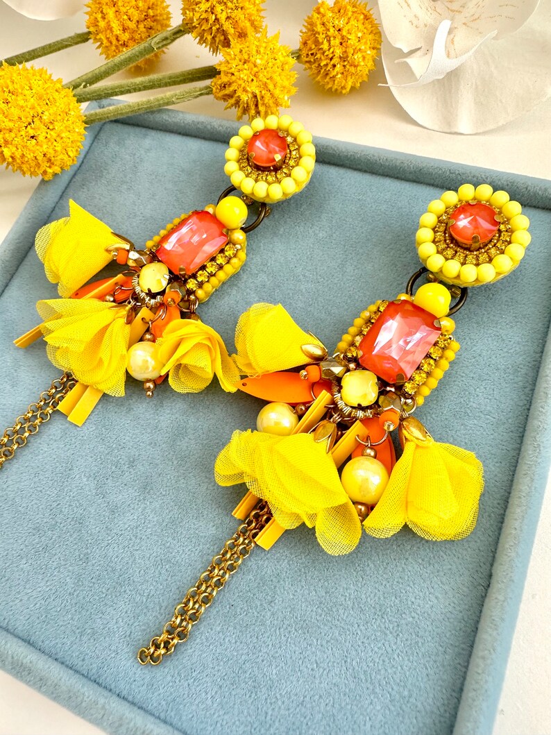 Handmade Tropical Sun Earrings: Designer Crystal Dangle Earrings