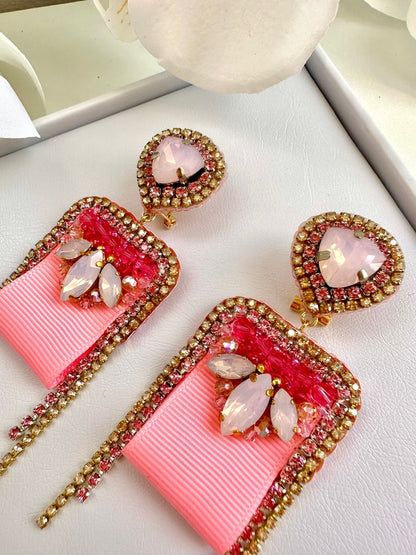 Handmade Pink Crystal Embroidered Earrings: Designer Celebration Jewelry