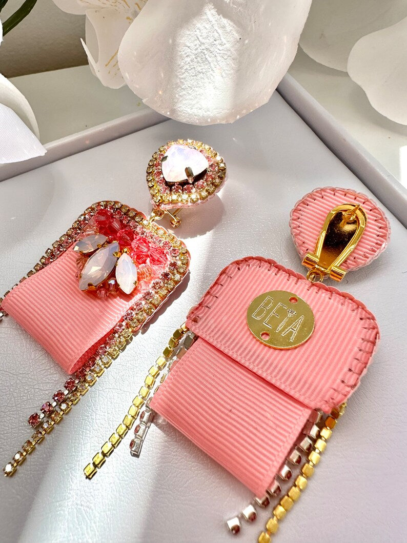 Handmade Pink Crystal Embroidered Earrings: Designer Celebration Jewelry