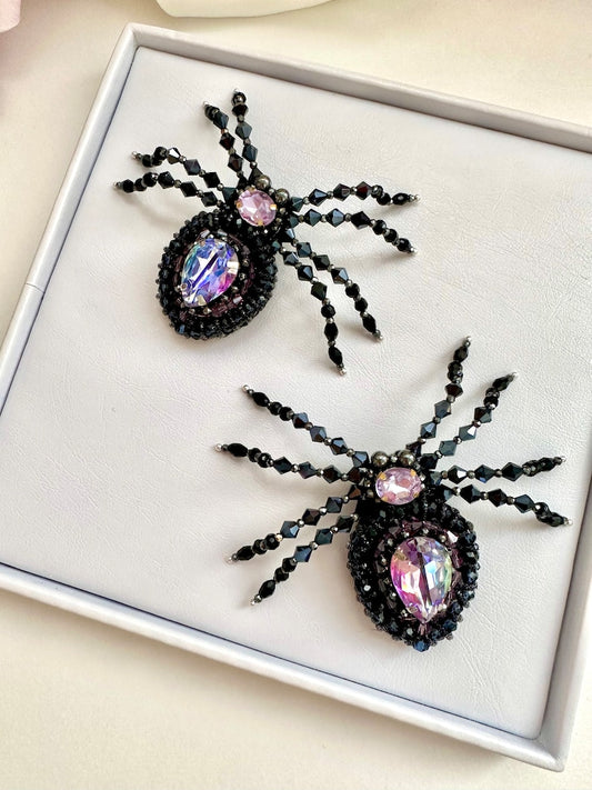 Halloween Beaded Spider Brooch: Purple Crystal Handmade Accessory